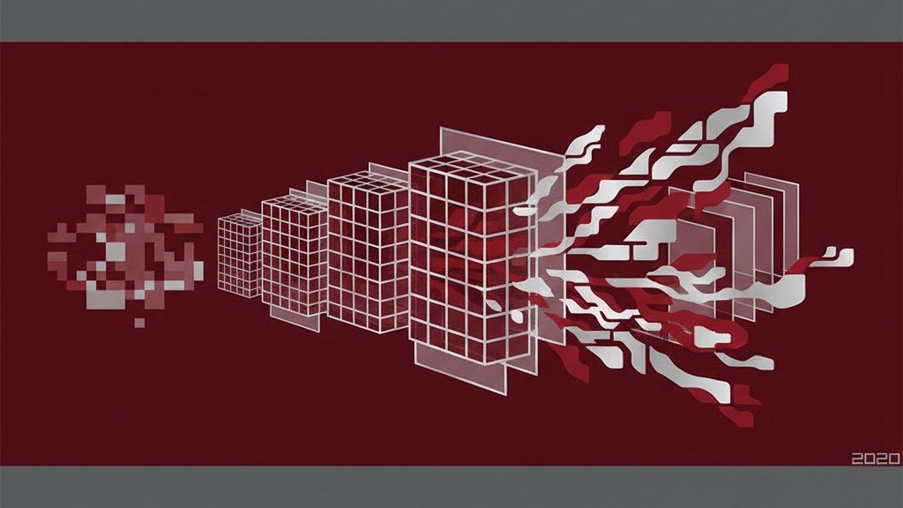 Abstract deep crimson and platinum silver cover illustration for the Super-Resolution for Old Photos project (2020), showing layered convolutional filters cascading into activation maps.