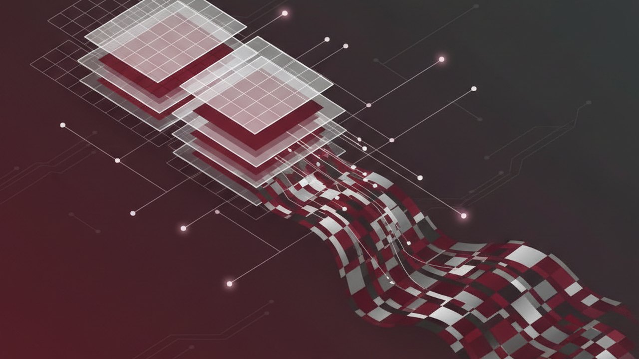 Abstract deep crimson and platinum silver cover illustration for the Super-Resolution for Old Photos project (2024), showing layered convolutional filters cascading into activation maps.