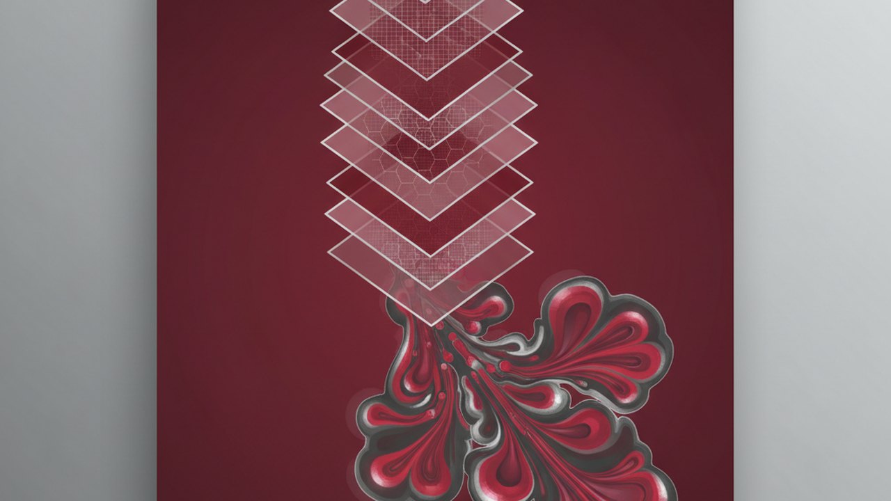 Abstract deep crimson and platinum silver cover illustration for the Text Summarization for News project (2024), showing layered convolutional filters cascading into activation maps.
