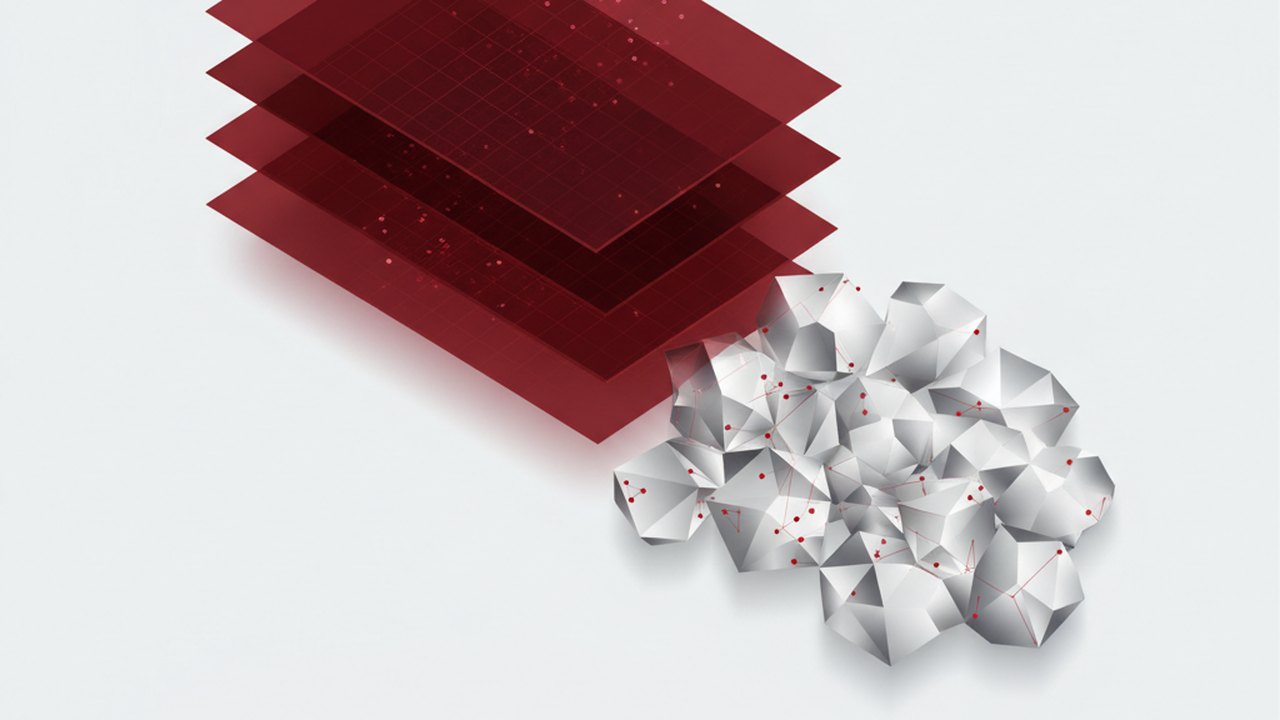 Abstract deep crimson and platinum silver cover illustration for the Time-Series Forecasting for Sales project (2022), showing layered convolutional filters cascading into activation maps.