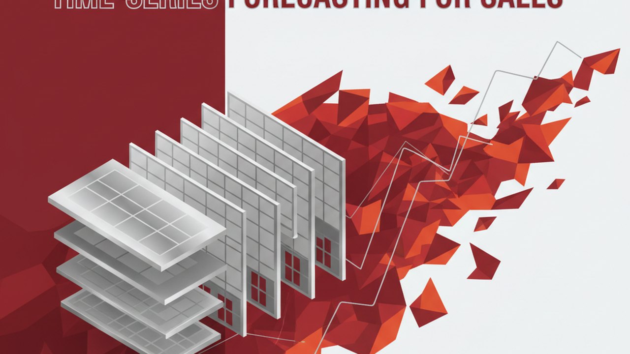 Abstract deep crimson and platinum silver cover illustration for the Time-Series Forecasting for Sales project (2024), showing layered convolutional filters cascading into activation maps.