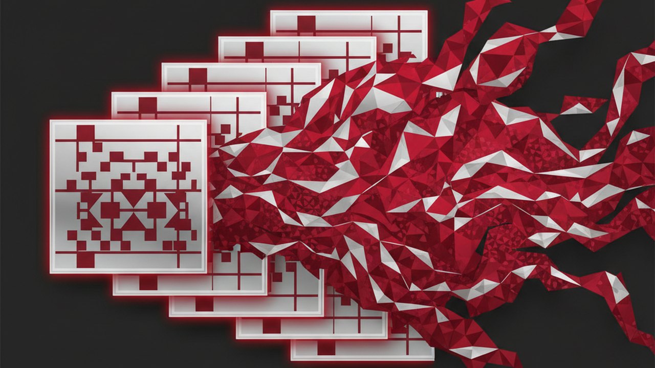 Abstract deep crimson and platinum silver cover illustration for the Video Action Recognition project (2020), showing layered convolutional filters cascading into activation maps.