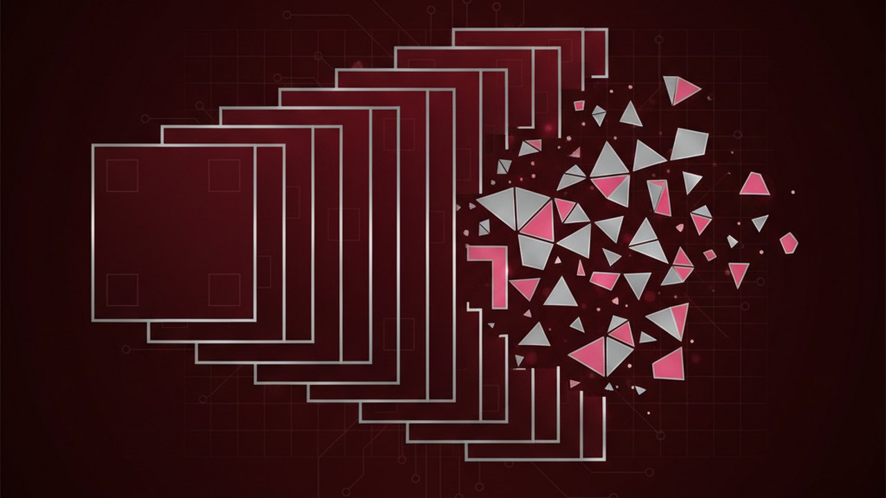 Abstract deep crimson and platinum silver cover illustration for the Wake Word Detection project (2022), showing layered convolutional filters cascading into activation maps.