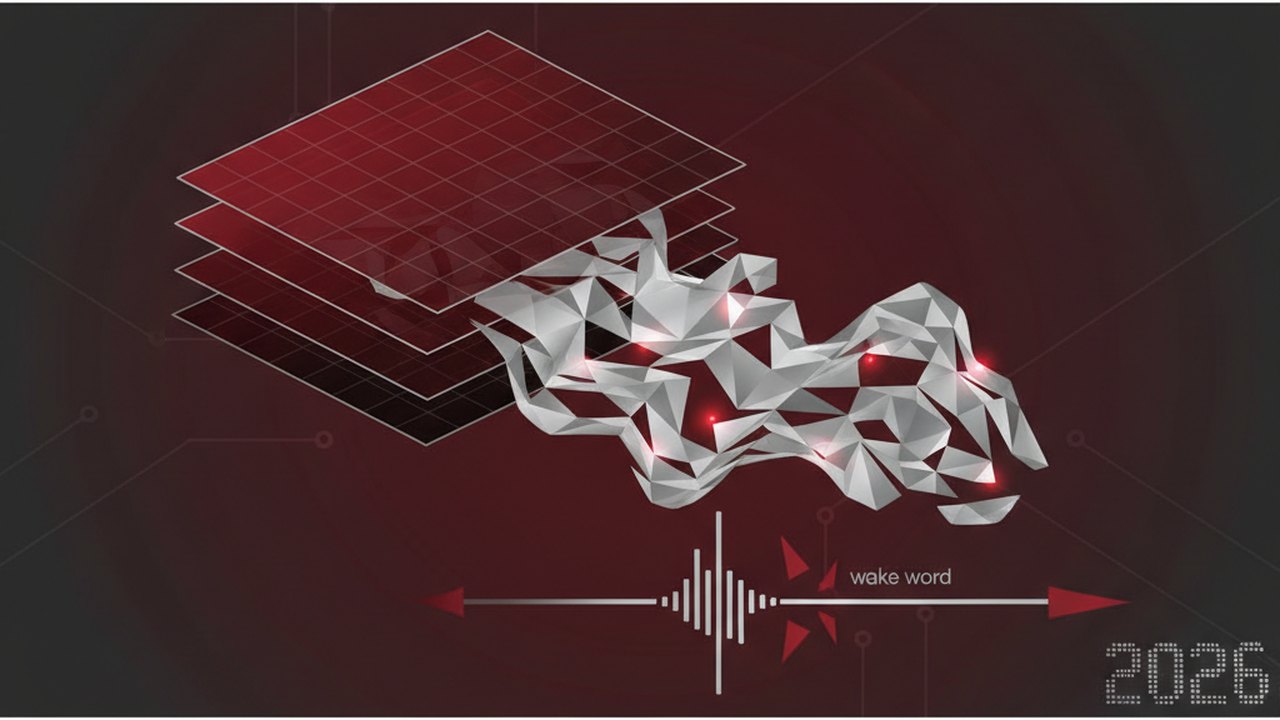 Abstract deep crimson and platinum silver cover illustration for the Wake Word Detection project (2024), showing layered convolutional filters cascading into activation maps.