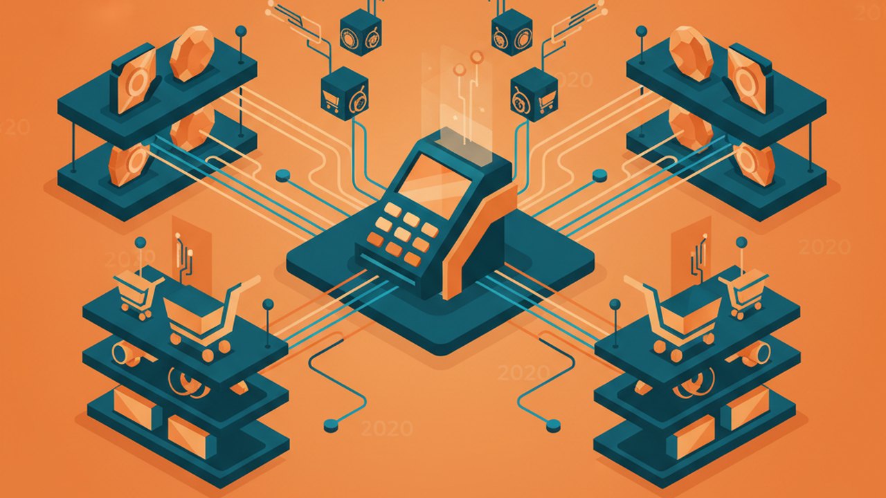 Abstract midnight teal and sunset orange cover illustration for the Auto Parts Ecommerce project (2020), showing product shelves and shopping-cart nodes wired to a payment terminal.
