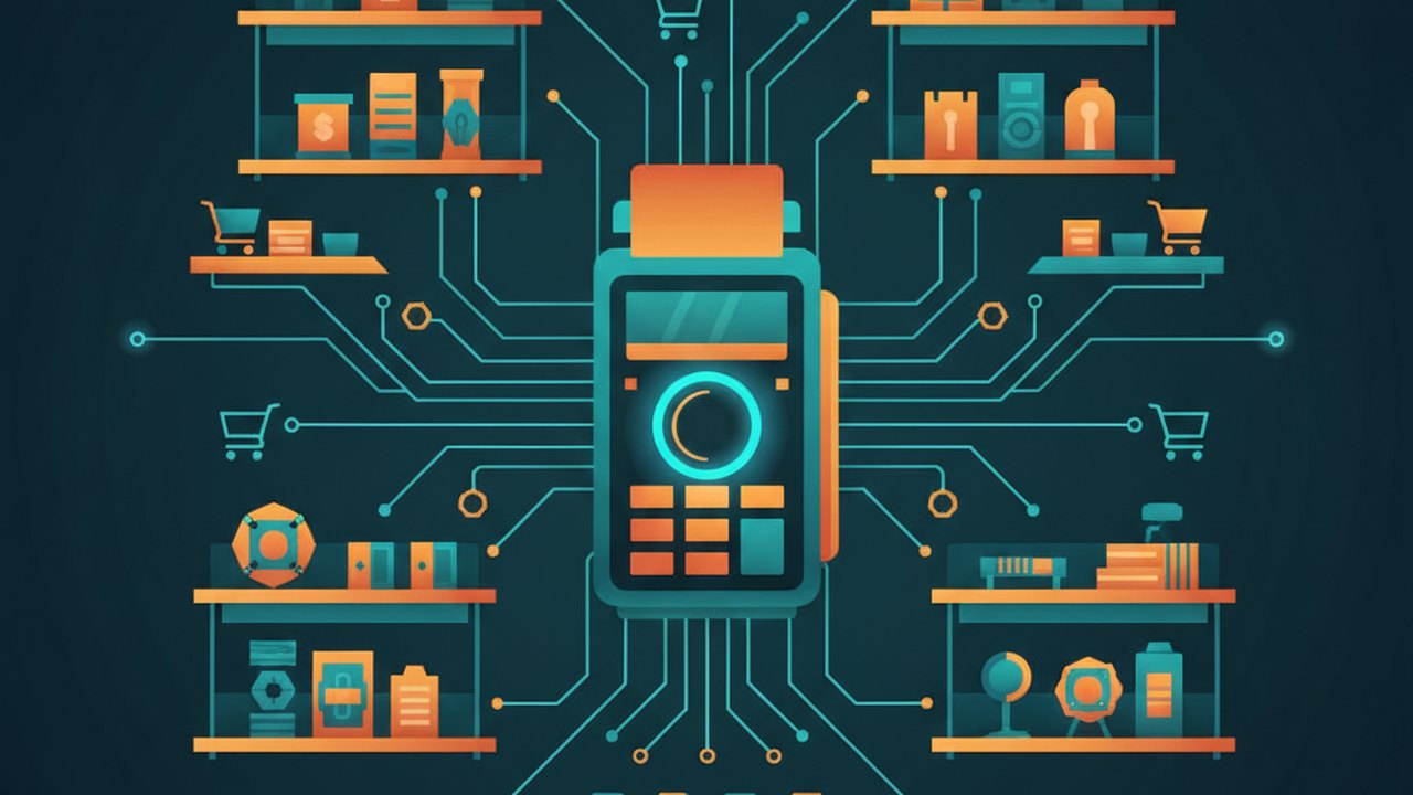 Abstract midnight teal and sunset orange cover illustration for the Auto Parts Ecommerce project (2024), showing product shelves and shopping-cart nodes wired to a payment terminal.