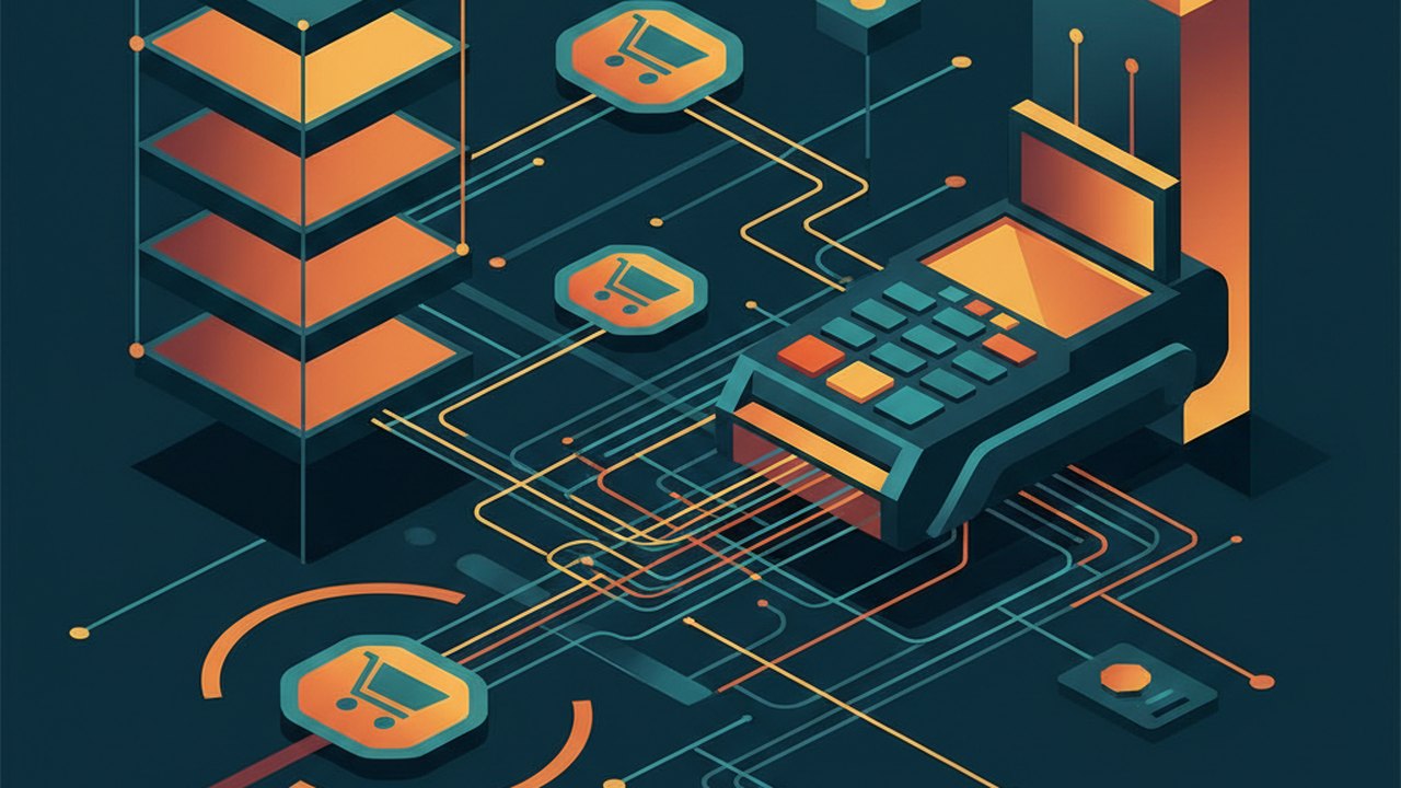 Abstract midnight teal and sunset orange cover illustration for the B2B Wholesale Portal project (2020), showing product shelves and shopping-cart nodes wired to a payment terminal.