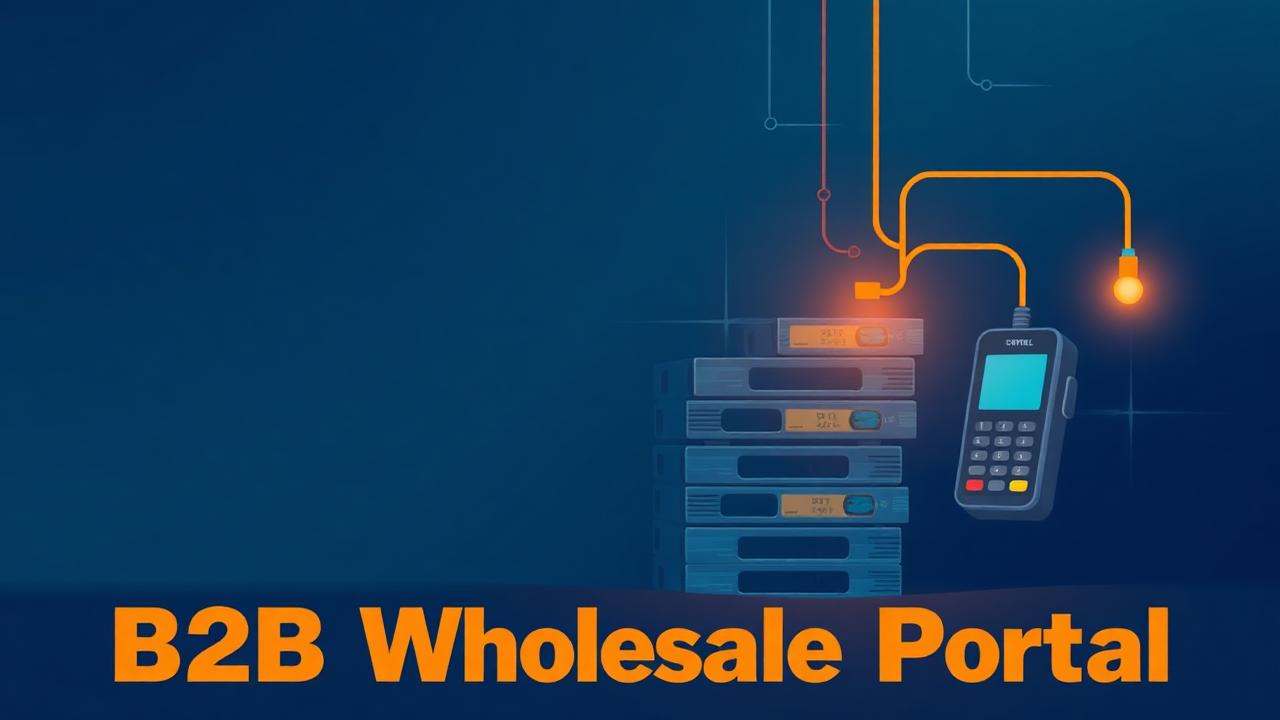 Abstract midnight teal and sunset orange cover illustration for the B2B Wholesale Portal project (2024), showing product shelves and shopping-cart nodes wired to a payment terminal.