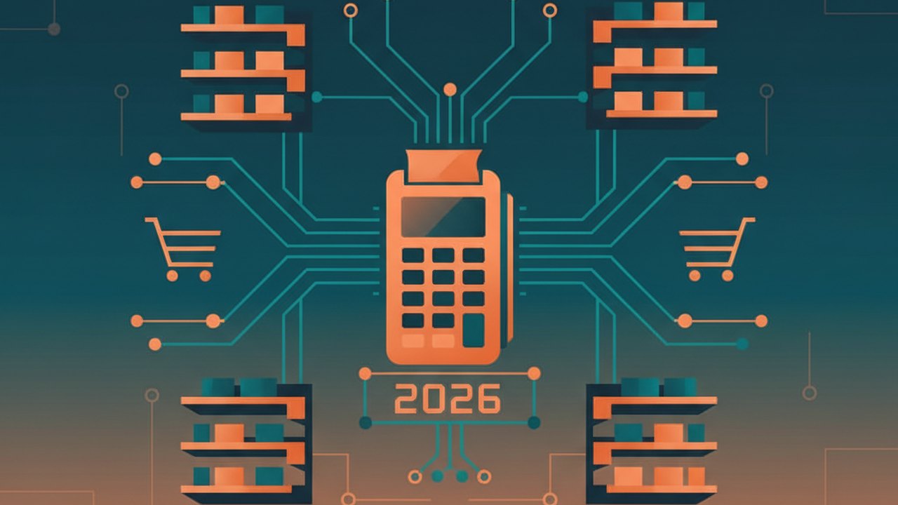 Abstract midnight teal and sunset orange cover illustration for the B2B Wholesale Portal project (2024), showing product shelves and shopping-cart nodes wired to a payment terminal.