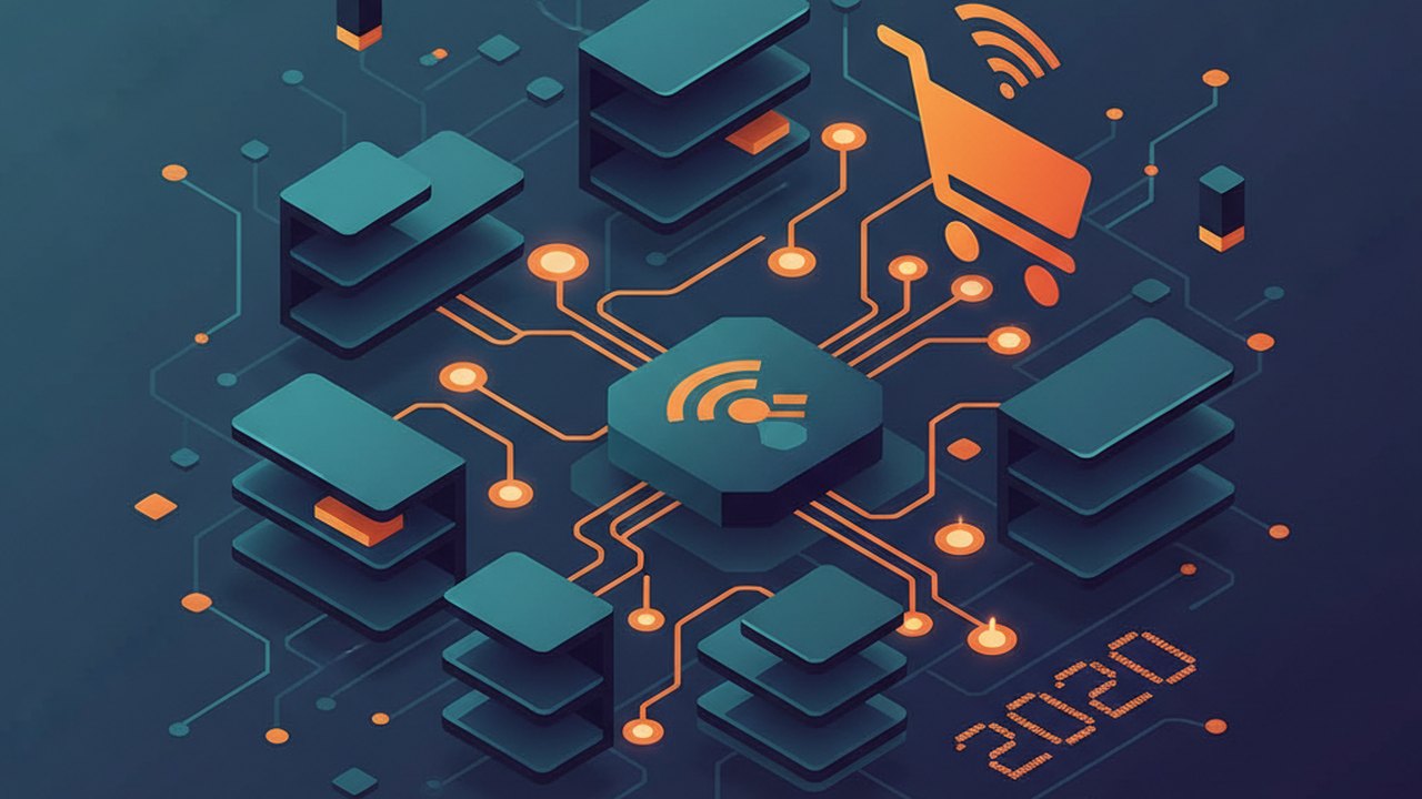 Abstract midnight teal and sunset orange cover illustration for the Book Store with Recommendations project (2020), showing product shelves and shopping-cart nodes wired to a payment terminal.