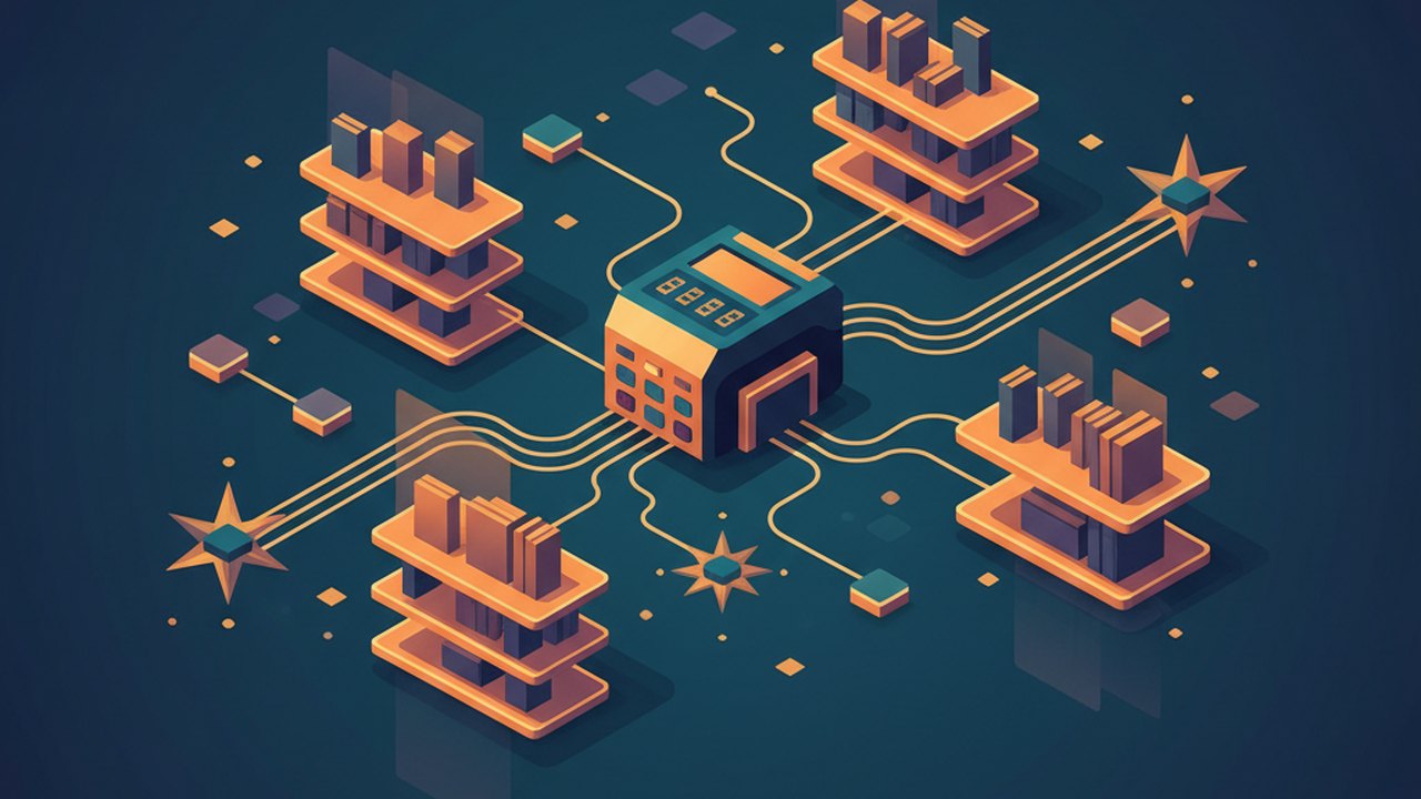 Abstract midnight teal and sunset orange cover illustration for the Book Store with Recommendations project (2022), showing product shelves and shopping-cart nodes wired to a payment terminal.
