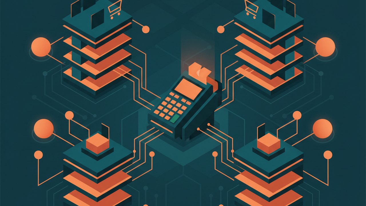 Abstract midnight teal and sunset orange cover illustration for the Corporate Gifting Portal project (2020), showing product shelves and shopping-cart nodes wired to a payment terminal.