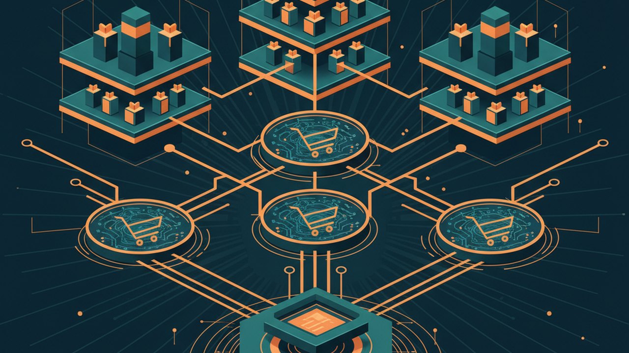 Abstract midnight teal and sunset orange cover illustration for the Corporate Gifting Portal project (2022), showing product shelves and shopping-cart nodes wired to a payment terminal.