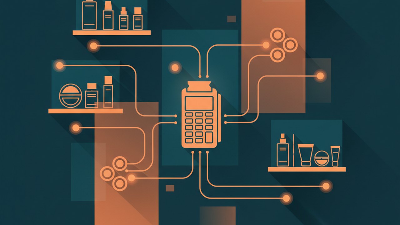 Abstract midnight teal and sunset orange cover illustration for the Cosmetics Store with Shade Finder project (2022), showing product shelves and shopping-cart nodes wired to a payment terminal.