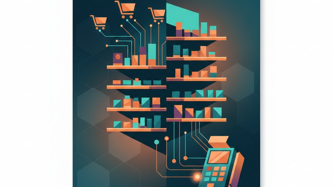 Abstract midnight teal and sunset orange cover illustration for the Cosmetics Store with Shade Finder project (2024), showing product shelves and shopping-cart nodes wired to a payment terminal.