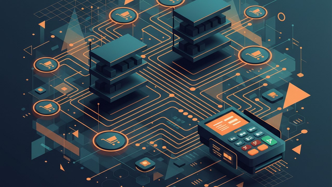 Abstract midnight teal and sunset orange cover illustration for the Cross-Border Ecommerce project (2024), showing product shelves and shopping-cart nodes wired to a payment terminal.