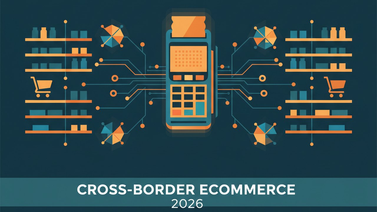 Abstract midnight teal and sunset orange cover illustration for the Cross-Border Ecommerce project (2024), showing product shelves and shopping-cart nodes wired to a payment terminal.