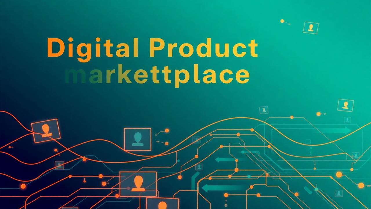 Abstract midnight teal and sunset orange cover illustration for the Digital Product Marketplace project (2022), showing product shelves and shopping-cart nodes wired to a payment terminal.