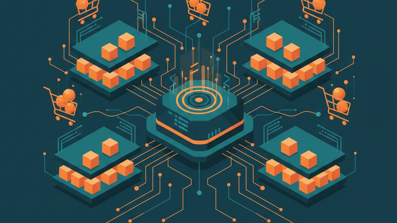 Abstract midnight teal and sunset orange cover illustration for the Digital Product Marketplace project (2024), showing product shelves and shopping-cart nodes wired to a payment terminal.