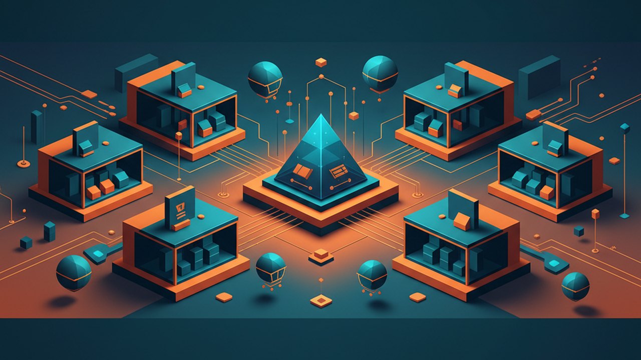 Abstract midnight teal and sunset orange cover illustration for the Digital Product Marketplace project (2024), showing product shelves and shopping-cart nodes wired to a payment terminal.