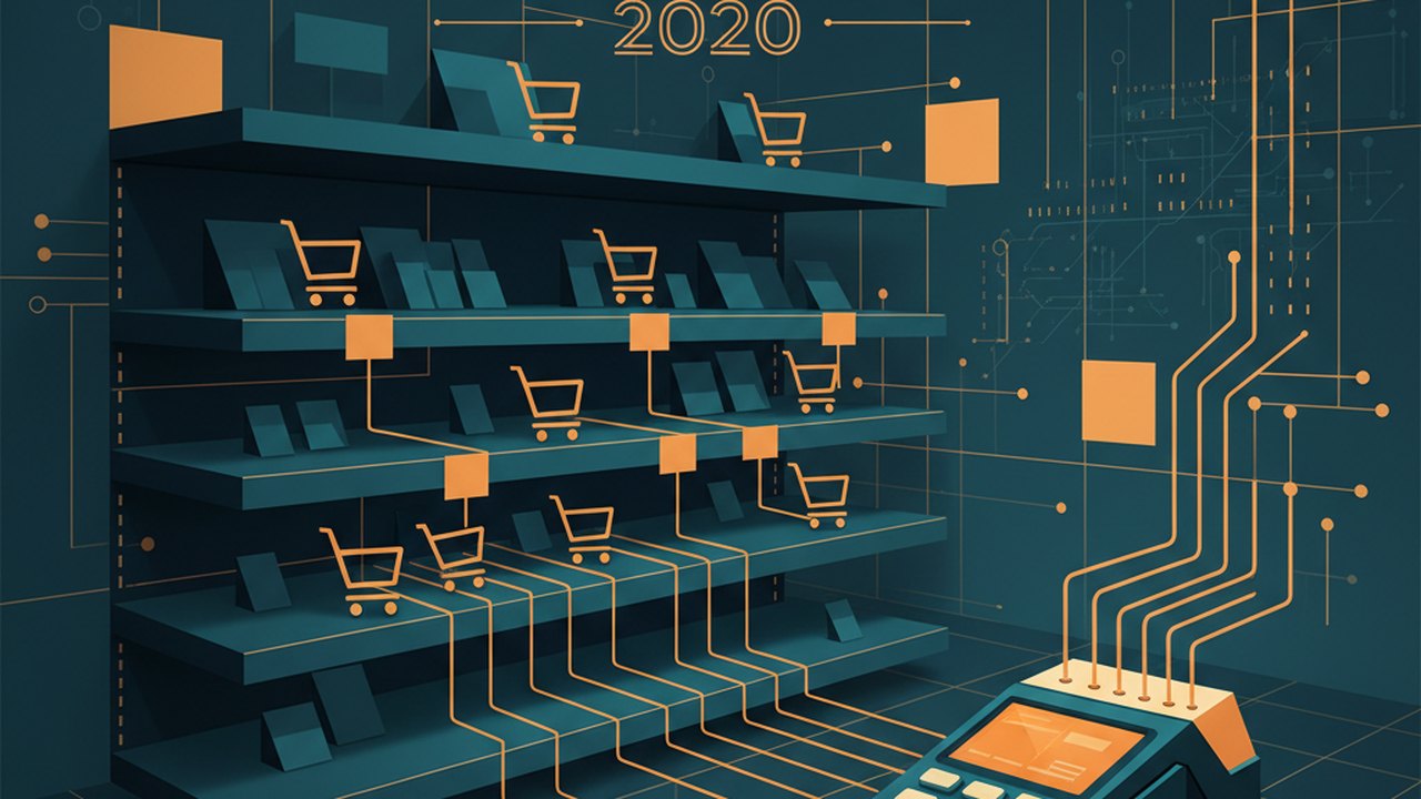 Abstract midnight teal and sunset orange cover illustration for the Electronics Comparison Store project (2020), showing product shelves and shopping-cart nodes wired to a payment terminal.