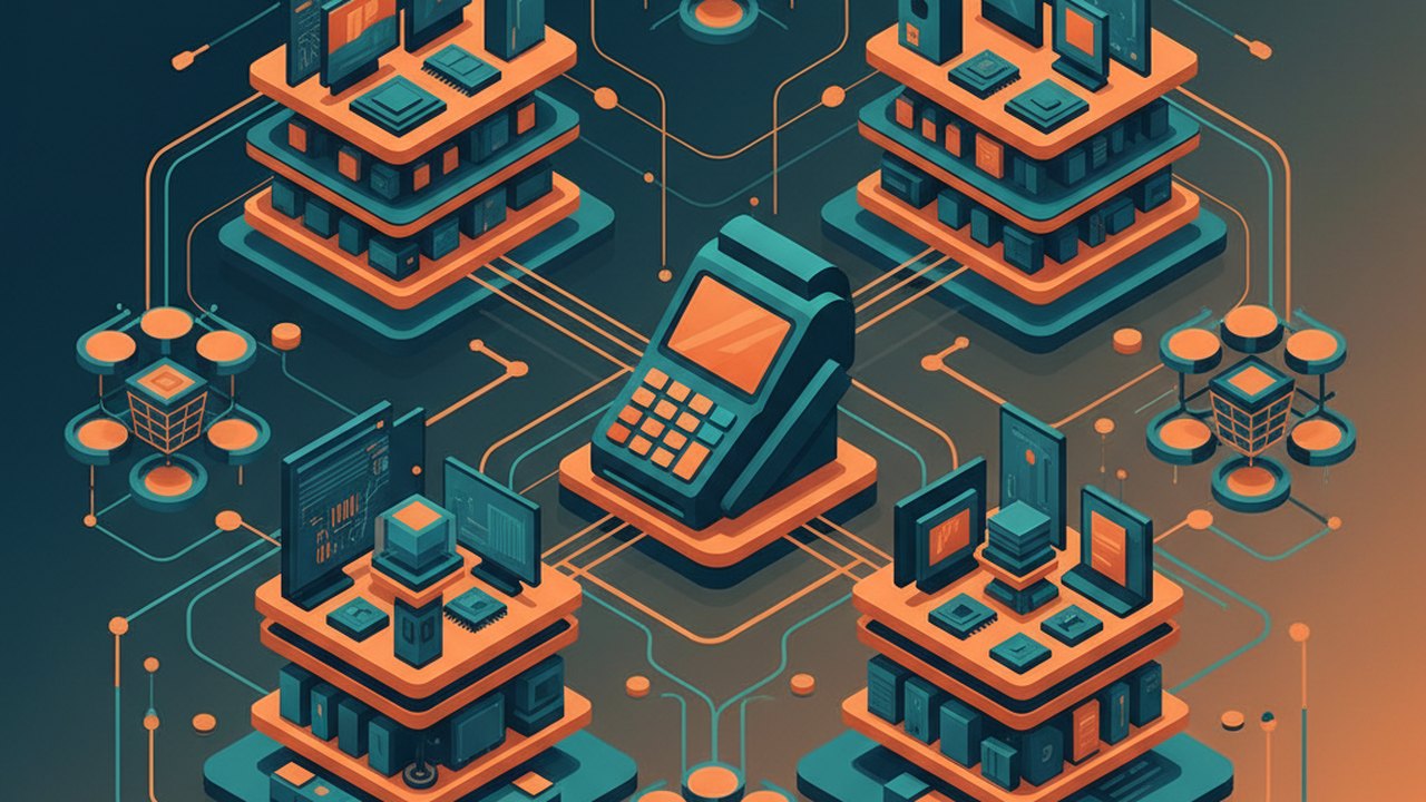 Abstract midnight teal and sunset orange cover illustration for the Electronics Comparison Store project (2022), showing product shelves and shopping-cart nodes wired to a payment terminal.