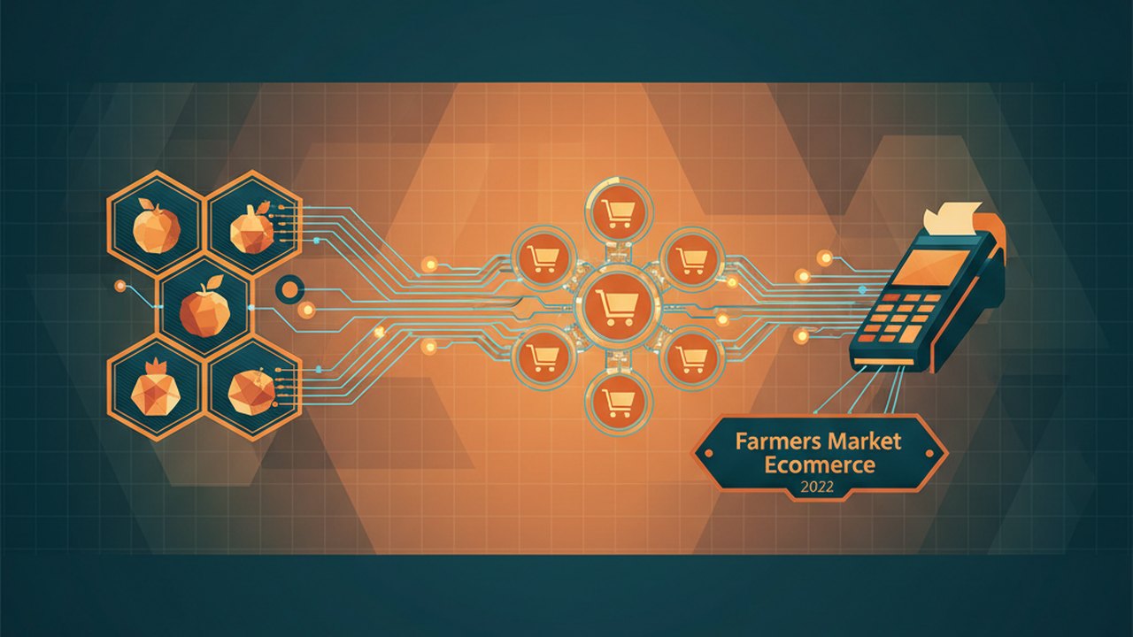 Abstract midnight teal and sunset orange cover illustration for the Farmers Market Ecommerce project (2022), showing product shelves and shopping-cart nodes wired to a payment terminal.