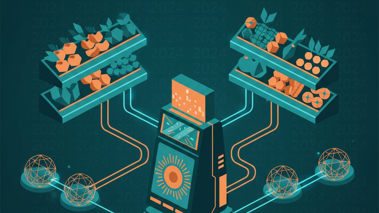 Abstract midnight teal and sunset orange cover illustration for the Farmers Market Ecommerce project (2024), showing product shelves and shopping-cart nodes wired to a payment terminal.