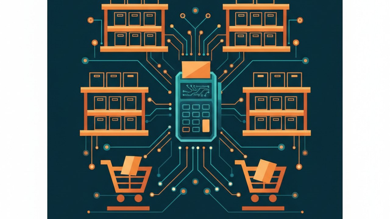 Abstract midnight teal and sunset orange cover illustration for the Flash Sale Storefront project (2020), showing product shelves and shopping-cart nodes wired to a payment terminal.