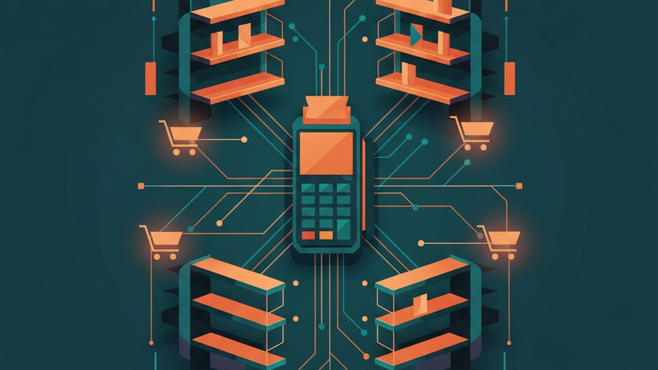 Abstract midnight teal and sunset orange cover illustration for the Flash Sale Storefront project (2024), showing product shelves and shopping-cart nodes wired to a payment terminal.