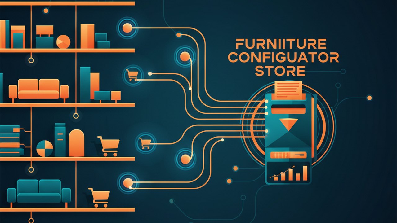 Abstract midnight teal and sunset orange cover illustration for the Furniture Configurator Store project (2020), showing product shelves and shopping-cart nodes wired to a payment terminal.