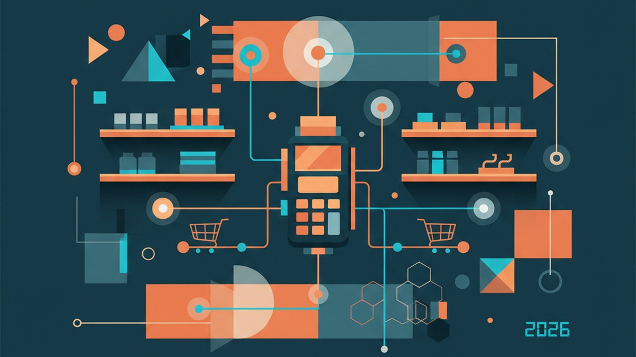 Abstract midnight teal and sunset orange cover illustration for the Furniture Configurator Store project (2024), showing product shelves and shopping-cart nodes wired to a payment terminal.
