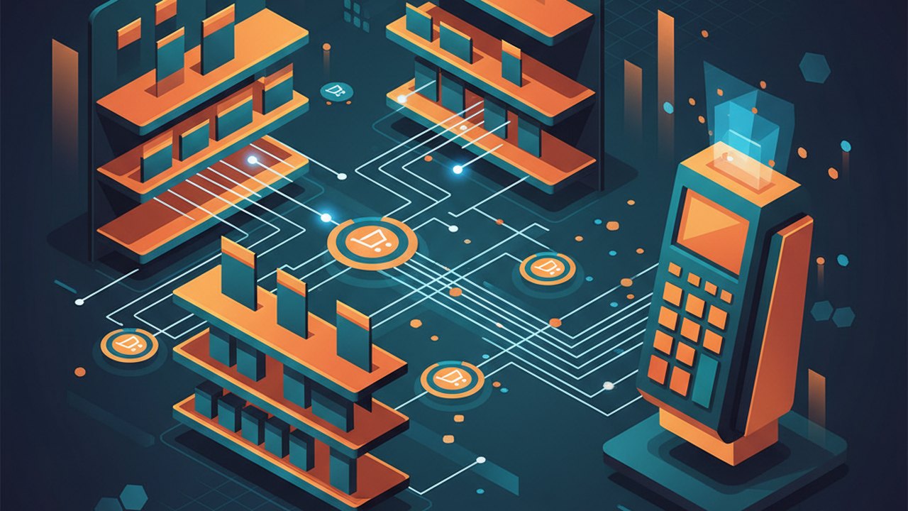 Abstract midnight teal and sunset orange cover illustration for the Gift Card Store project (2022), showing product shelves and shopping-cart nodes wired to a payment terminal.