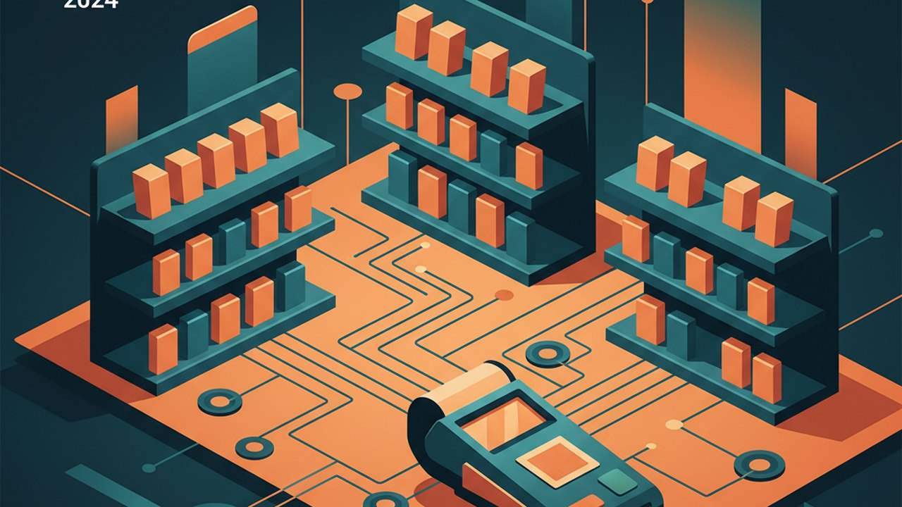 Abstract midnight teal and sunset orange cover illustration for the Gift Card Store project (2024), showing product shelves and shopping-cart nodes wired to a payment terminal.