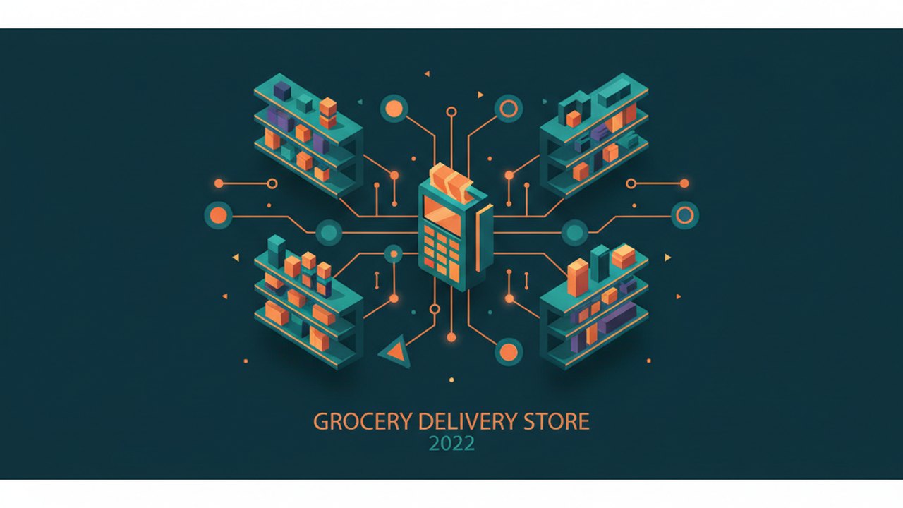 Abstract midnight teal and sunset orange cover illustration for the Grocery Delivery Store project (2022), showing product shelves and shopping-cart nodes wired to a payment terminal.