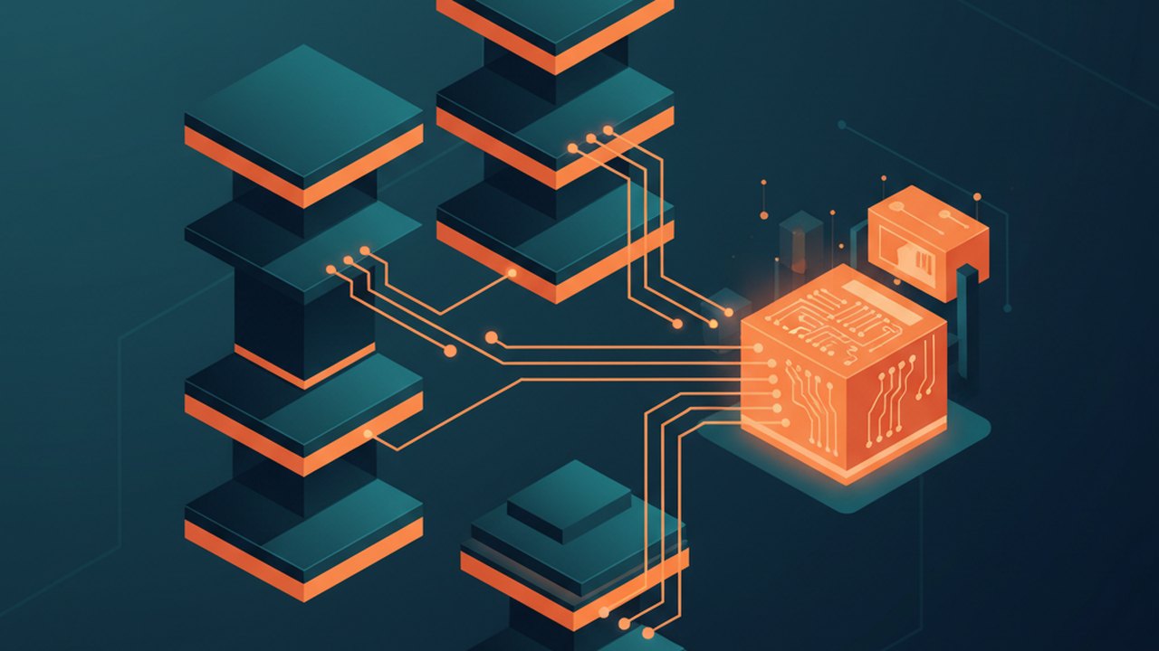 Abstract midnight teal and sunset orange cover illustration for the Grocery Delivery Store project (2024), showing product shelves and shopping-cart nodes wired to a payment terminal.
