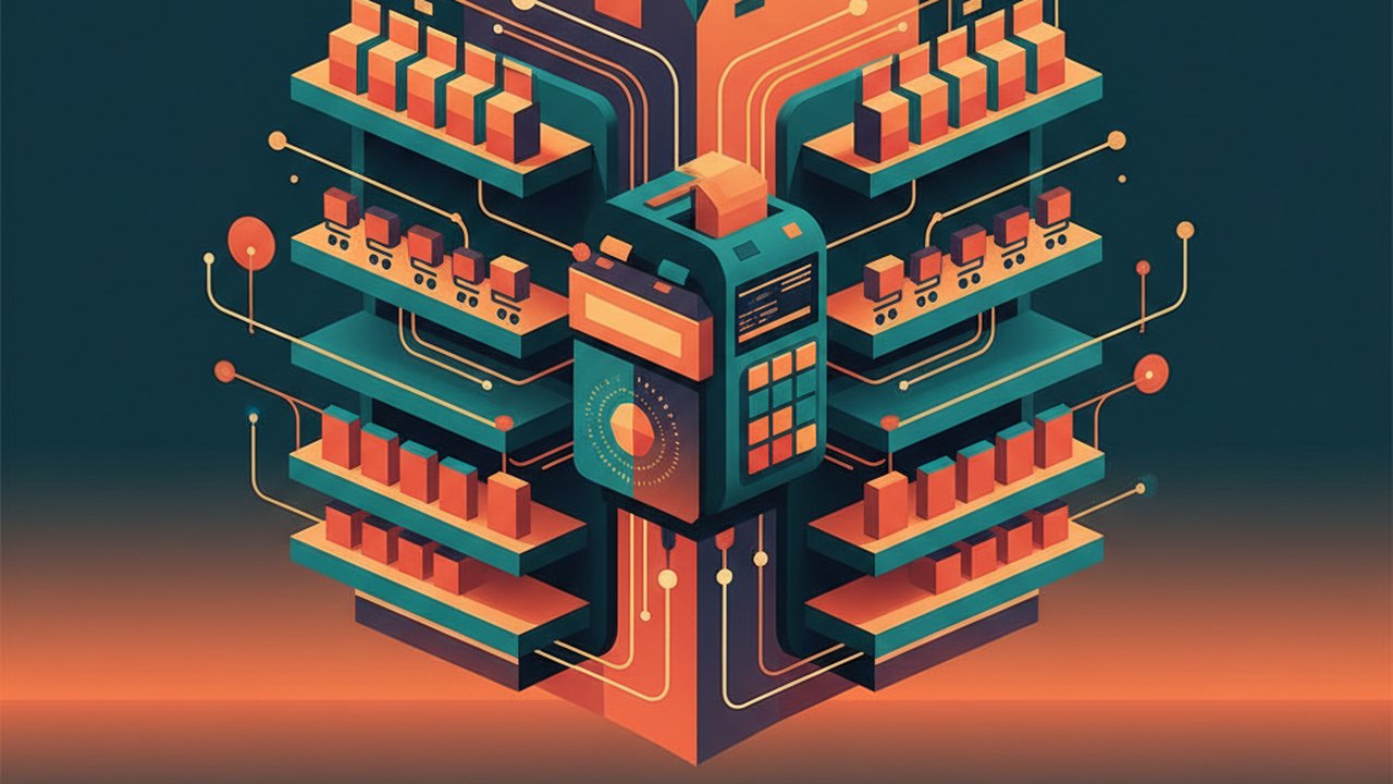 Abstract midnight teal and sunset orange cover illustration for the Handmade Craft Shop project (2024), showing product shelves and shopping-cart nodes wired to a payment terminal.