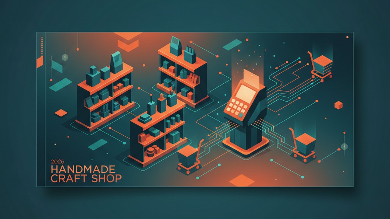 Abstract midnight teal and sunset orange cover illustration for the Handmade Craft Shop project (2024), showing product shelves and shopping-cart nodes wired to a payment terminal.