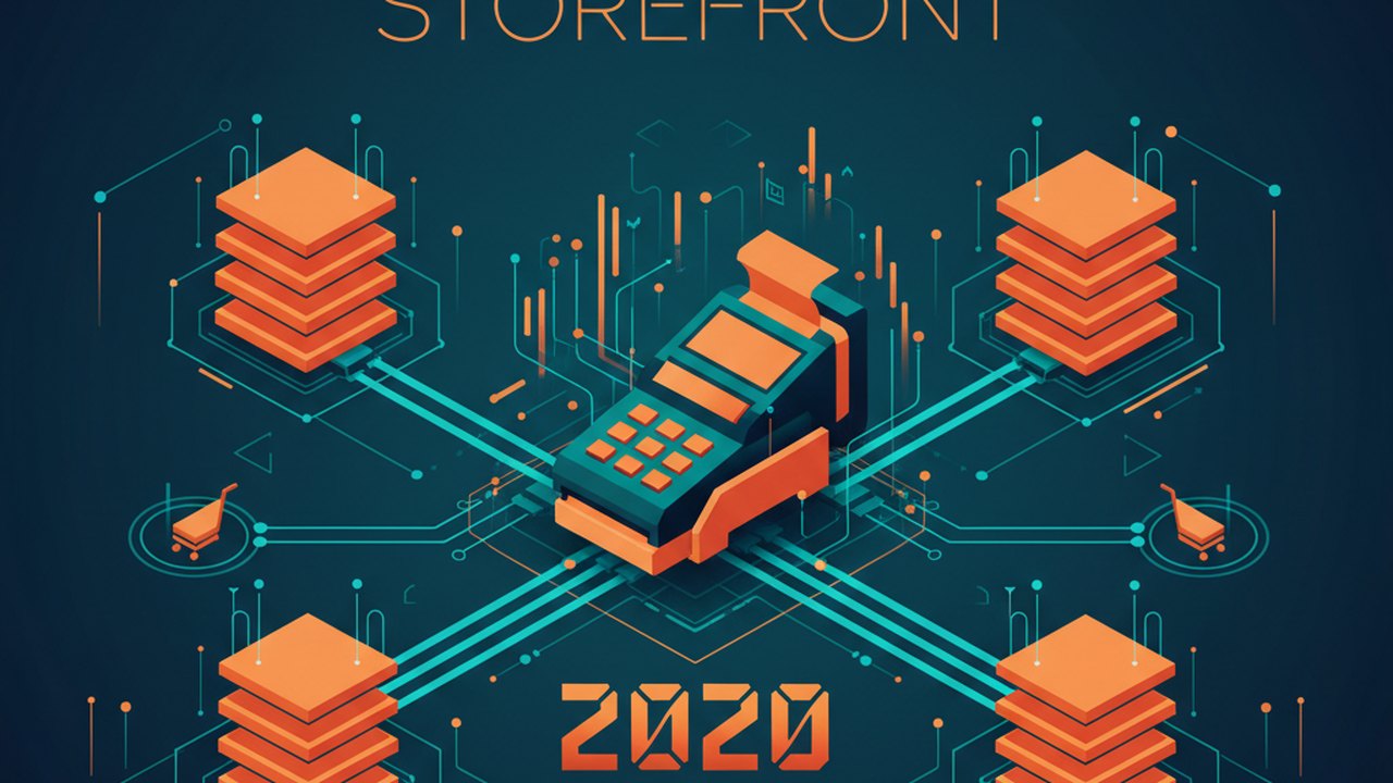 Abstract midnight teal and sunset orange cover illustration for the Headless Fashion Storefront project (2020), showing product shelves and shopping-cart nodes wired to a payment terminal.