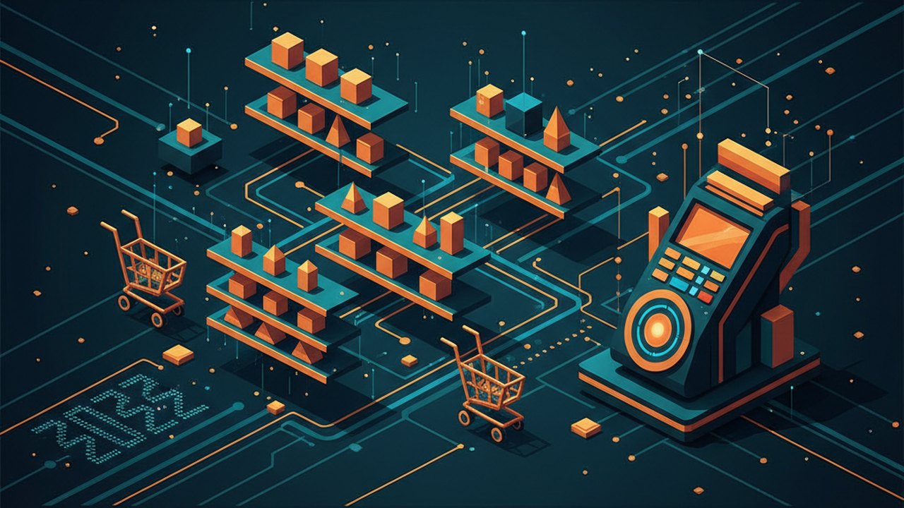 Abstract midnight teal and sunset orange cover illustration for the Headless Fashion Storefront project (2022), showing product shelves and shopping-cart nodes wired to a payment terminal.