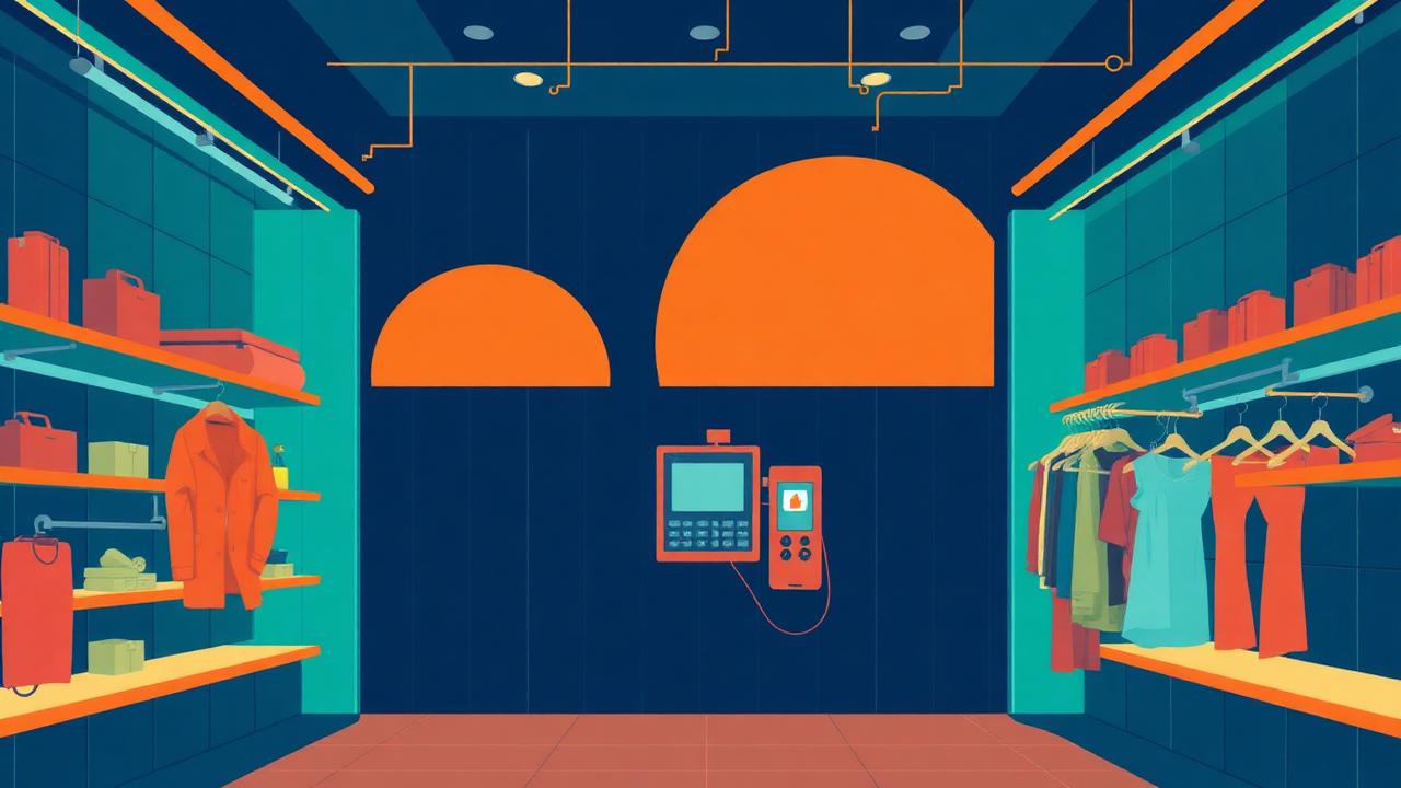 Abstract midnight teal and sunset orange cover illustration for the Headless Fashion Storefront project (2024), showing product shelves and shopping-cart nodes wired to a payment terminal.