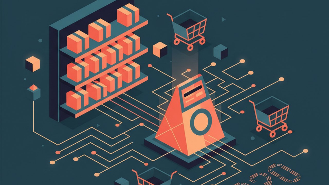 Abstract midnight teal and sunset orange cover illustration for the Loyalty Rewards Program project (2020), showing product shelves and shopping-cart nodes wired to a payment terminal.
