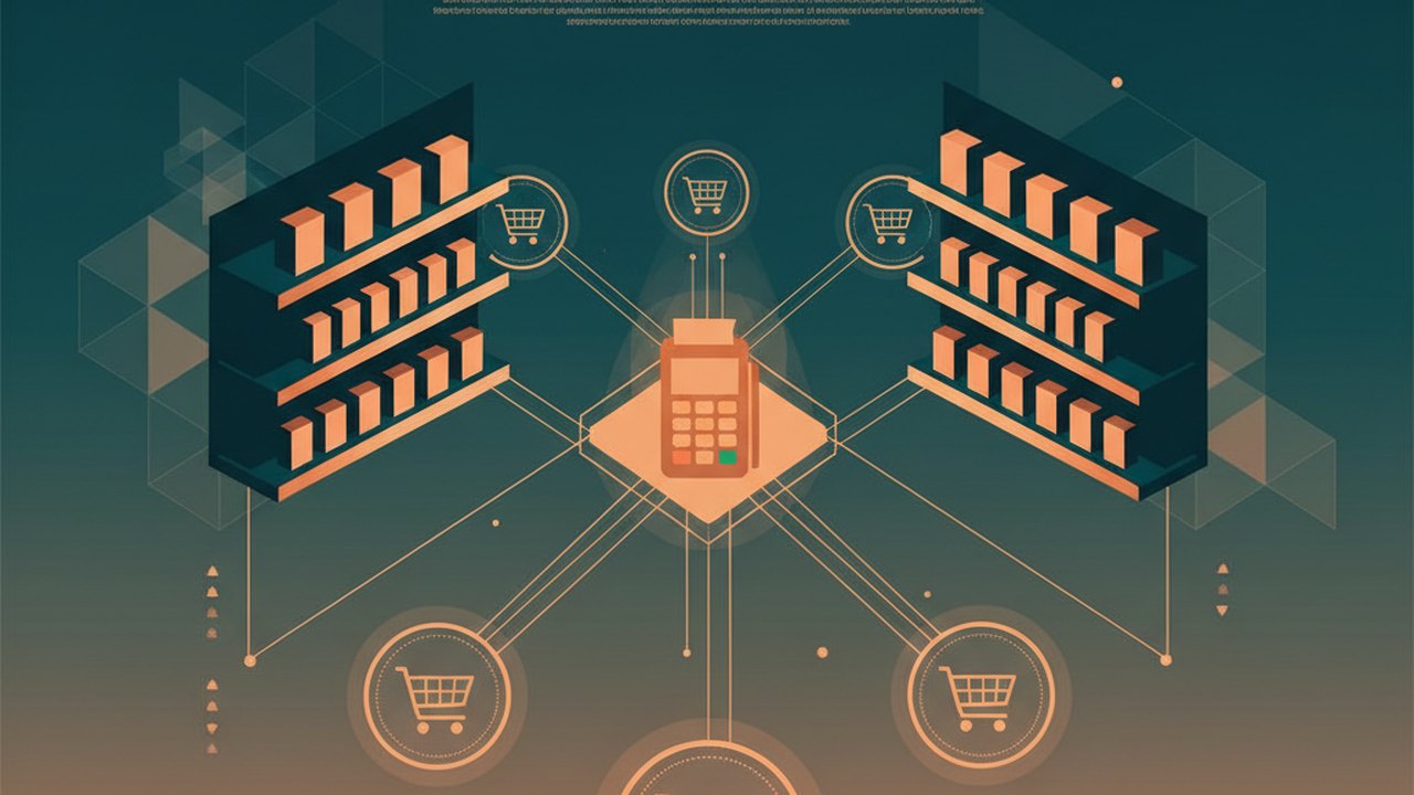 Abstract midnight teal and sunset orange cover illustration for the Loyalty Rewards Program project (2022), showing product shelves and shopping-cart nodes wired to a payment terminal.