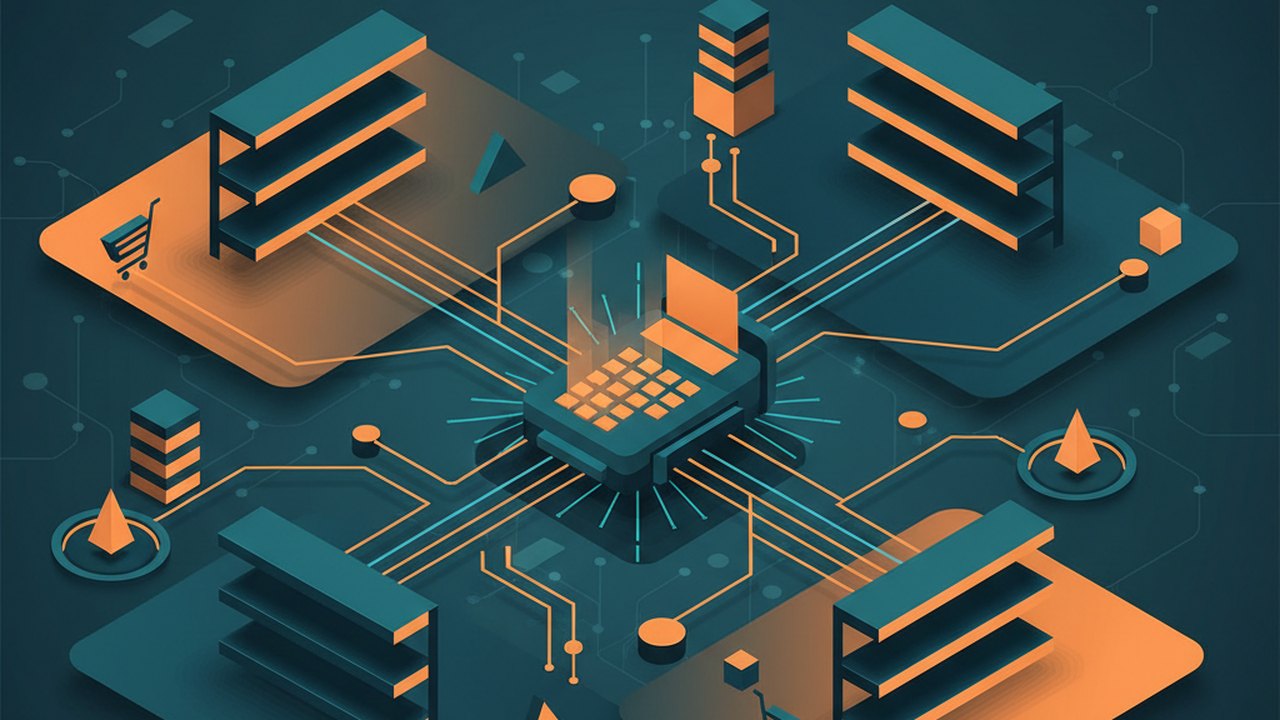 Abstract midnight teal and sunset orange cover illustration for the Multi-Vendor Marketplace project (2020), showing product shelves and shopping-cart nodes wired to a payment terminal.