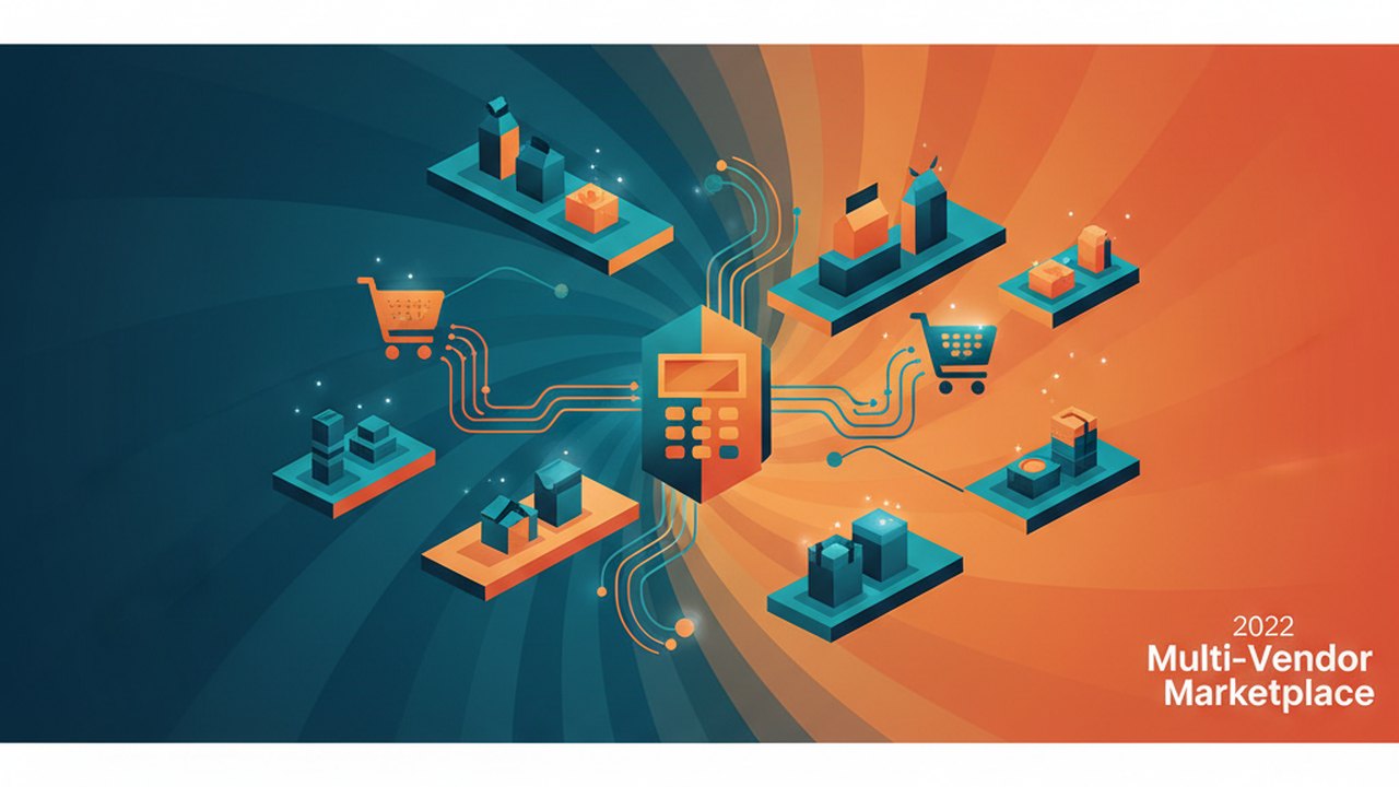 Abstract midnight teal and sunset orange cover illustration for the Multi-Vendor Marketplace project (2022), showing product shelves and shopping-cart nodes wired to a payment terminal.