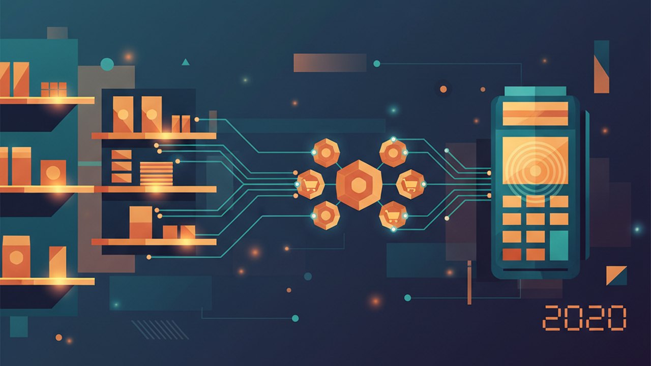 Abstract midnight teal and sunset orange cover illustration for the Pet Supplies Subscription project (2020), showing product shelves and shopping-cart nodes wired to a payment terminal.