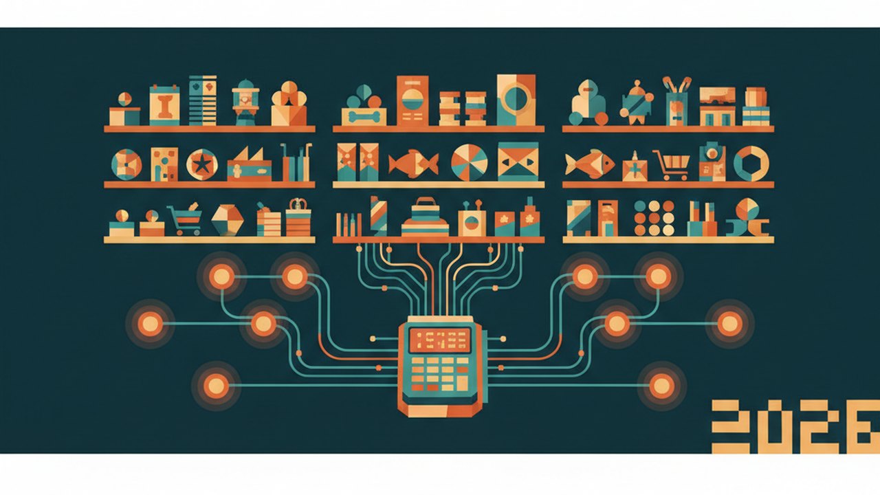 Abstract midnight teal and sunset orange cover illustration for the Pet Supplies Subscription project (2024), showing product shelves and shopping-cart nodes wired to a payment terminal.