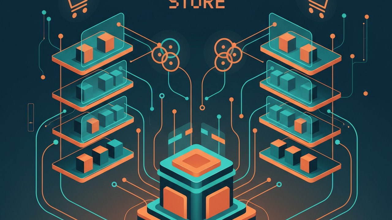 Abstract midnight teal and sunset orange cover illustration for the Print-on-Demand Store project (2020), showing product shelves and shopping-cart nodes wired to a payment terminal.
