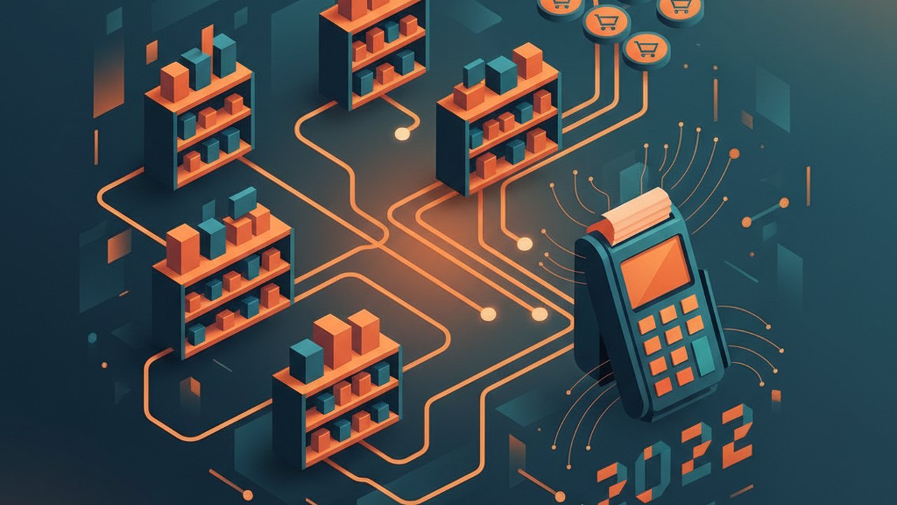 Abstract midnight teal and sunset orange cover illustration for the Print-on-Demand Store project (2022), showing product shelves and shopping-cart nodes wired to a payment terminal.