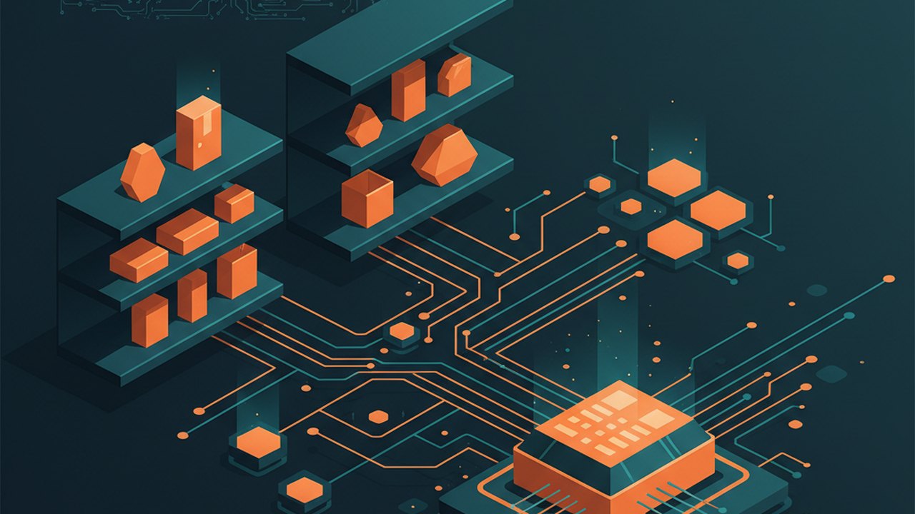 Abstract midnight teal and sunset orange cover illustration for the Print-on-Demand Store project (2024), showing product shelves and shopping-cart nodes wired to a payment terminal.